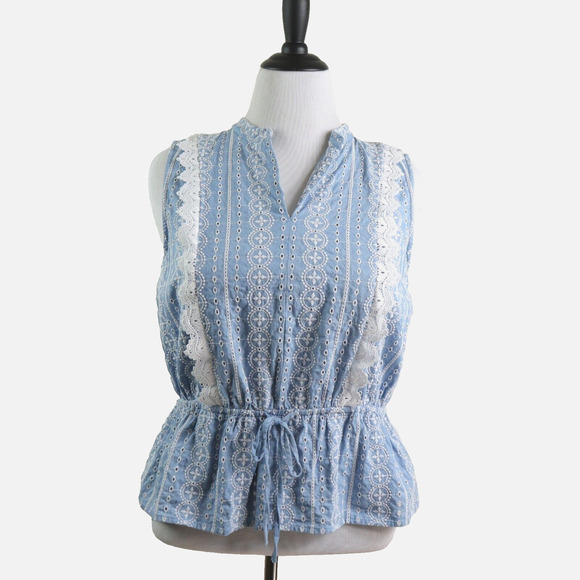 Ann Taylor Size L Chambray Lace Tie Front Top Peplum Sleeveless Blue - Picture 3 of 10